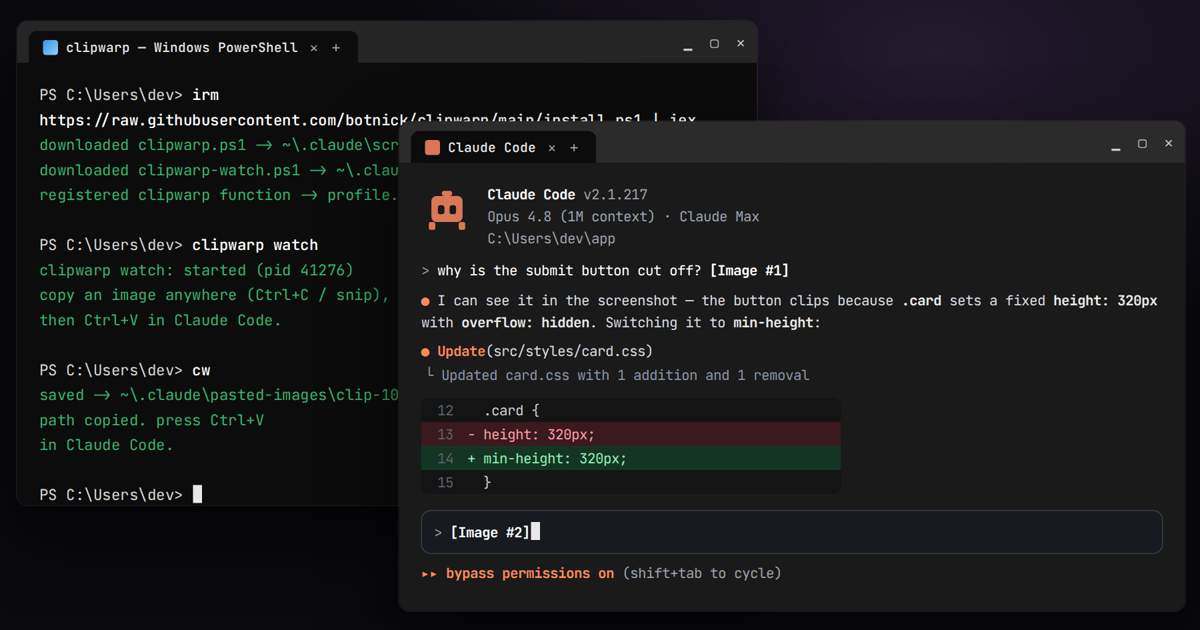 A Windows PowerShell terminal installs clipwarp; a screenshot is then pasted into Claude Code and shown attached