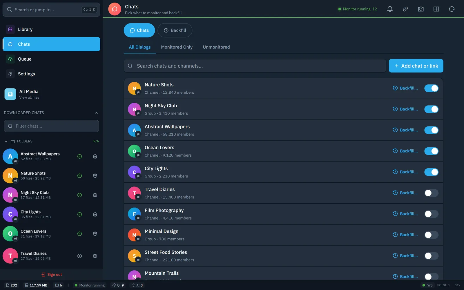 Chats: pick which channels and groups to monitor