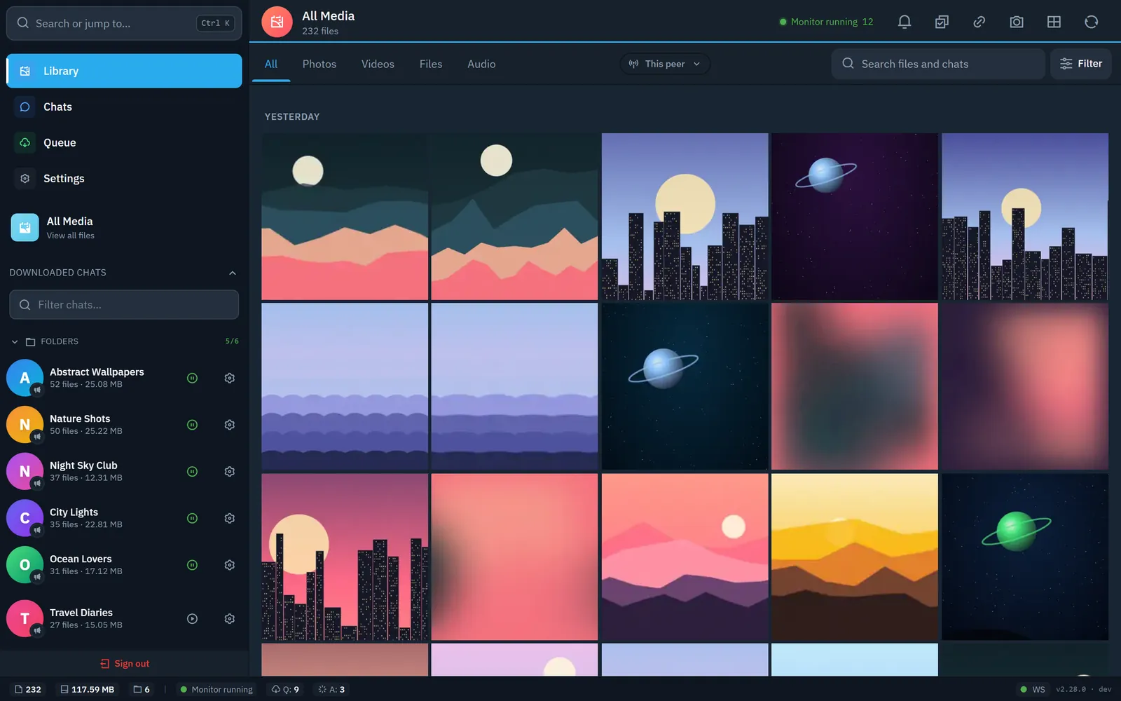The library: every downloaded photo and video grouped by date, with the chat list on the left