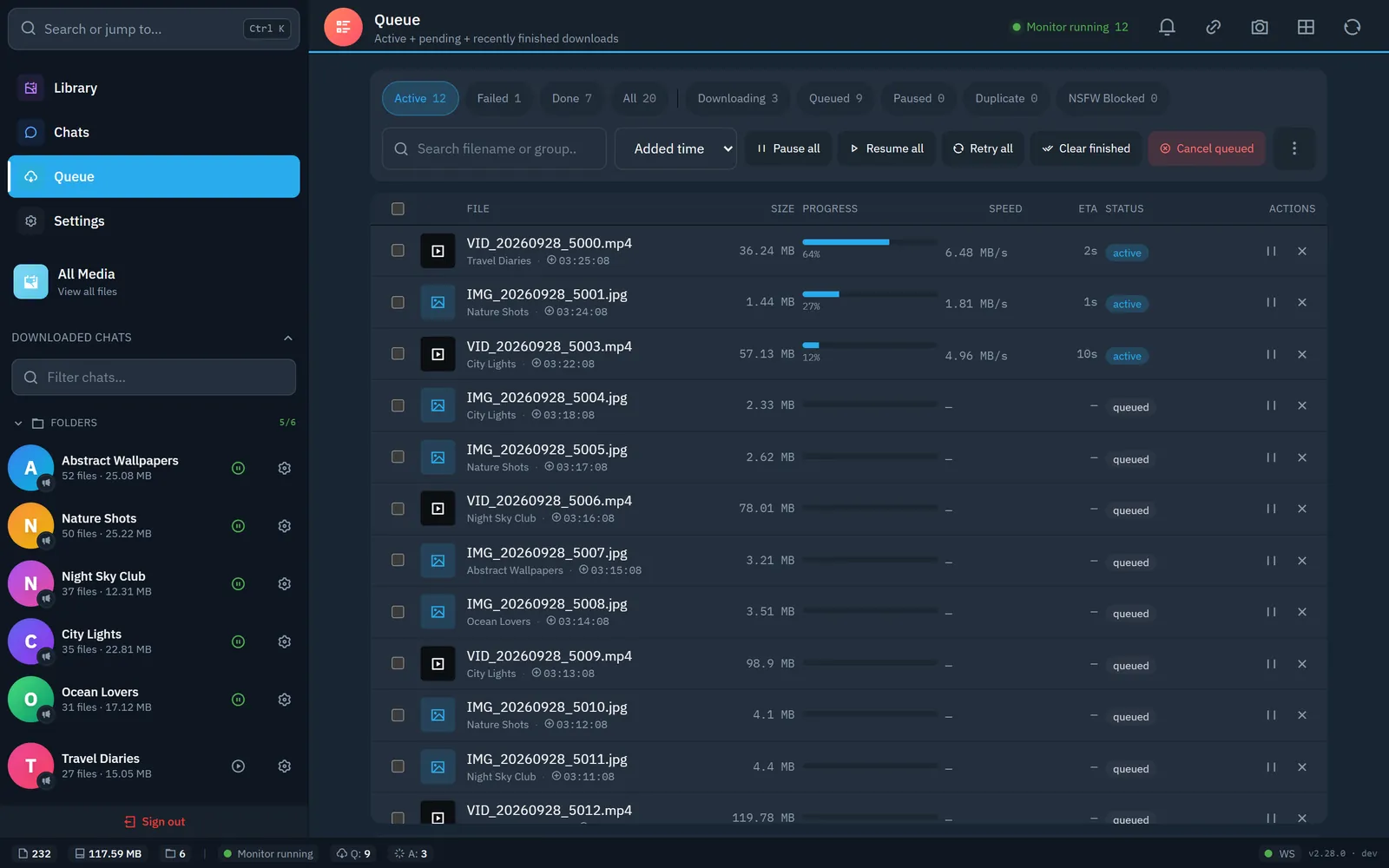 Download queue with live progress, speed and ETA